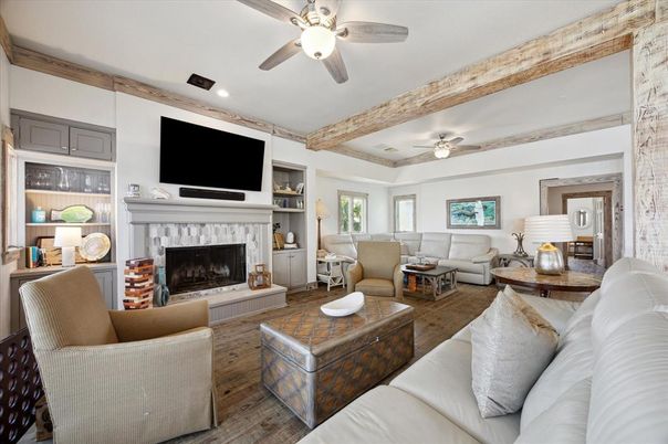Fireplace, Interior, Living room, Recessed Lighting, Wooden Beams, Wood Texture Flooring