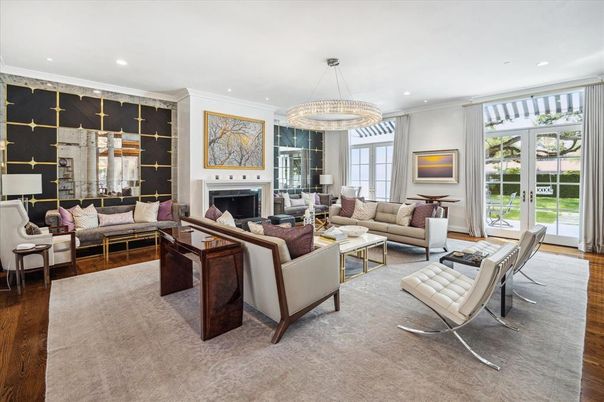 Chandelier, Fireplace, Interior, Living room, Recessed Lighting, Wood Texture Flooring