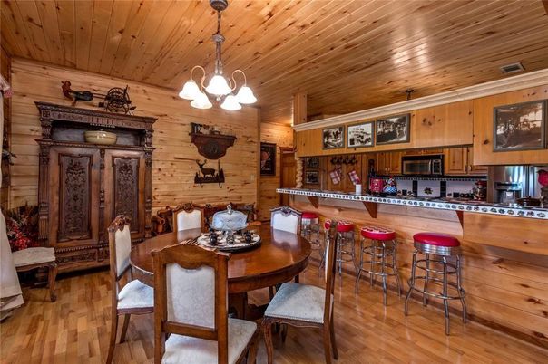 Dining room, Interior, Pendant Lights, Wooden Ceilings, Wood Texture Flooring, Wooden Walls