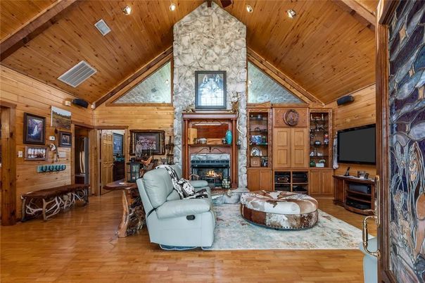Fireplace, Interior, Living room, Recessed Lighting, Stone Walls, Wooden Beams, Wooden Ceilings, Wood Texture Flooring, Wooden Walls