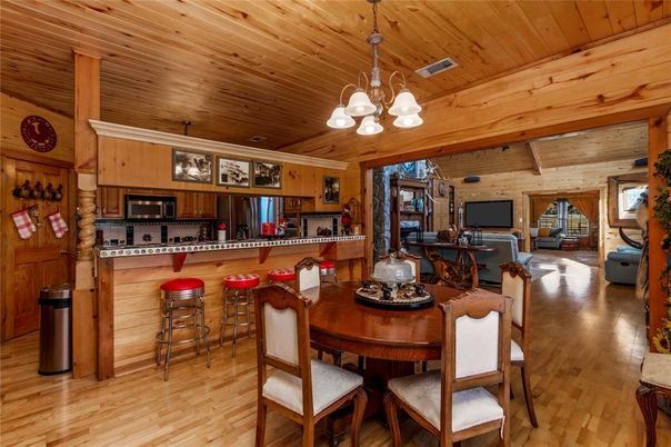 Chandelier, Dining room, Interior, Kitchen, Wooden Ceilings, Wood Texture Flooring, Wooden Walls