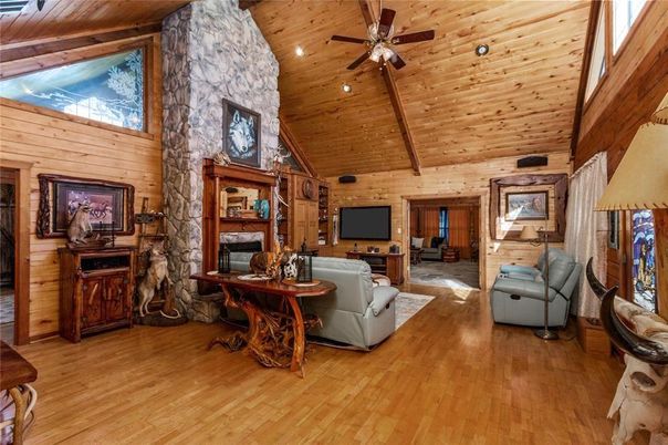 Fireplace, Interior, Living room, Recessed Lighting, Stone Walls, Wooden Beams, Wooden Ceilings, Wood Texture Flooring, Wooden Walls