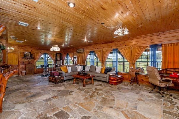 Chandelier, Home Office, Interior, Living room, Recessed Lighting, Wooden Ceilings, Wooden Walls