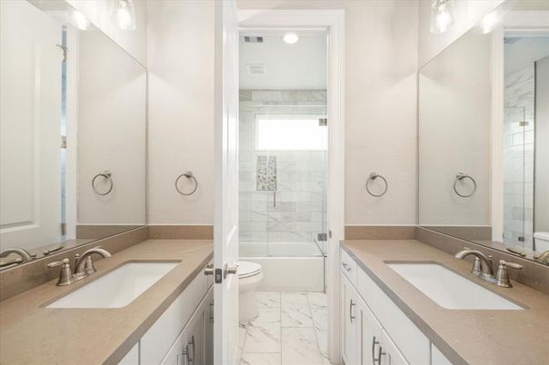 Bathroom, Dual Sink Vanities, Glass Shower, Interior, Marble, Marble Walls