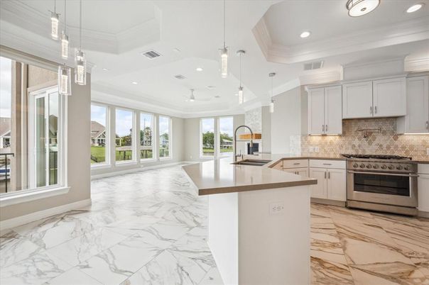 Interior, Kitchen, Marble, Pendant Lights, Recessed Lighting, Stainless Steel Appliances