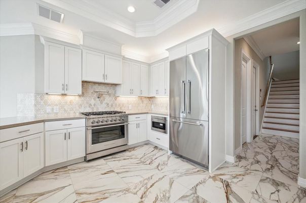 Interior, Kitchen, Marble, Recessed Lighting, Stainless Steel Appliances
