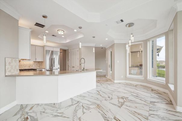 Interior, Kitchen, Marble, Pendant Lights, Recessed Lighting, Stainless Steel Appliances