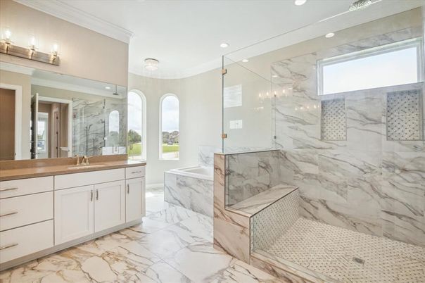 Bathroom, Dual Sink Vanities, Glass Shower, Interior, Marble, Marble Walls, Recessed Lighting