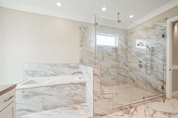 Bathroom, Glass Shower, Interior, Marble, Marble Walls, Recessed Lighting
