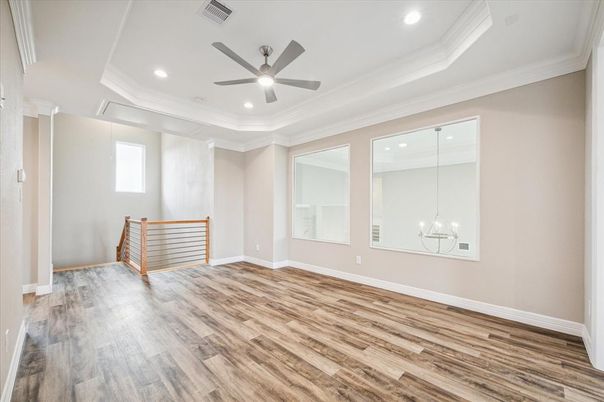 Empty room, Interior, Pendant Lights, Recessed Lighting, Wood Texture Flooring