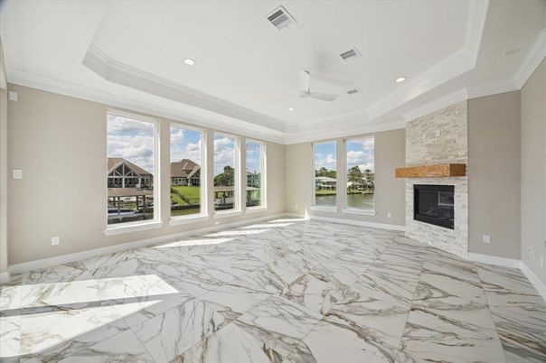 Empty room, Fireplace, Interior, Marble, Recessed Lighting