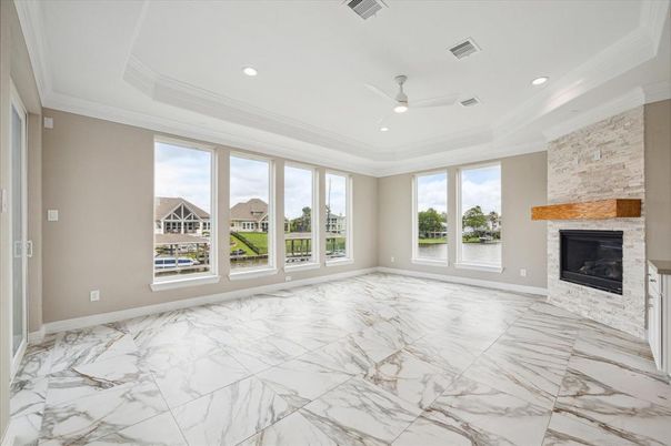 Empty room, Fireplace, Interior, Marble, Recessed Lighting