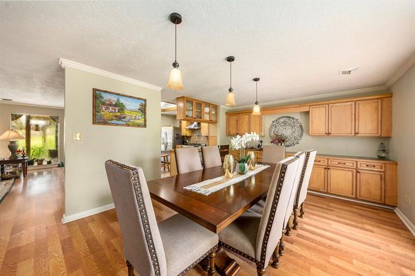 Dining room, Interior, Kitchen, Pendant Lights, Wood Texture Flooring