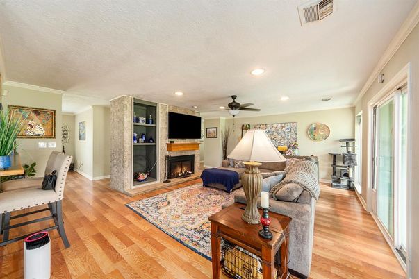 Fireplace, Interior, Living room, Recessed Lighting, Wood Texture Flooring