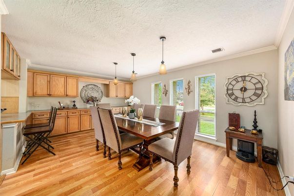 Dining room, Interior, Pendant Lights, Wood Texture Flooring