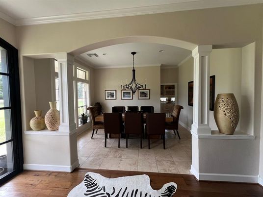 Chandelier, Dining room, Interior, Wood Texture Flooring