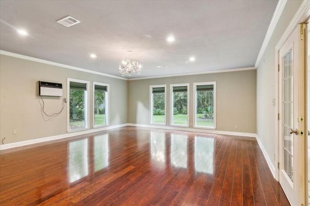 Chandelier, Empty room, Interior, Recessed Lighting, Wood Texture Flooring