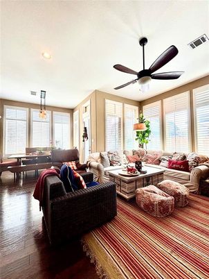Dining room, Interior, Living room, Pendant Lights, Recessed Lighting, Wood Texture Flooring