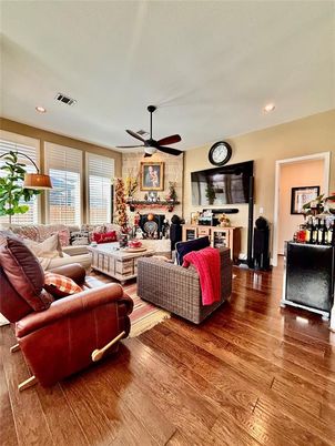 Fireplace, Interior, Living room, Recessed Lighting, Wood Texture Flooring