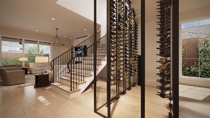 Interior, Living room, Pendant Lights, Recessed Lighting, Wine Storage, Wood Texture Flooring