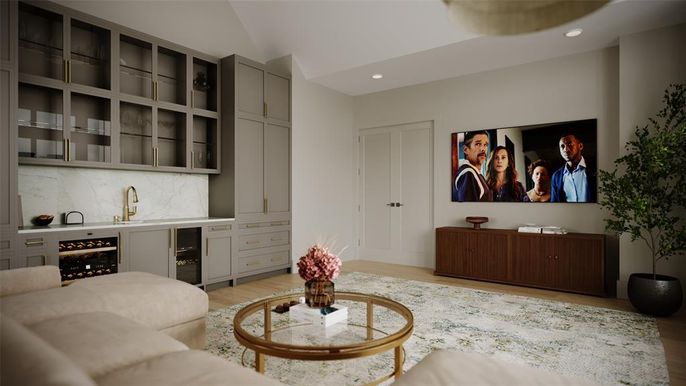 Interior, Living room, Marble Walls, Recessed Lighting, Wood Texture Flooring
