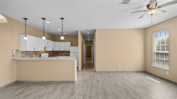 Interior, Kitchen, Pendant Lights, Recessed Lighting, Wood Texture Flooring