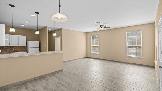 Empty room, Interior, Kitchen, Pendant Lights, Recessed Lighting, Wood Texture Flooring