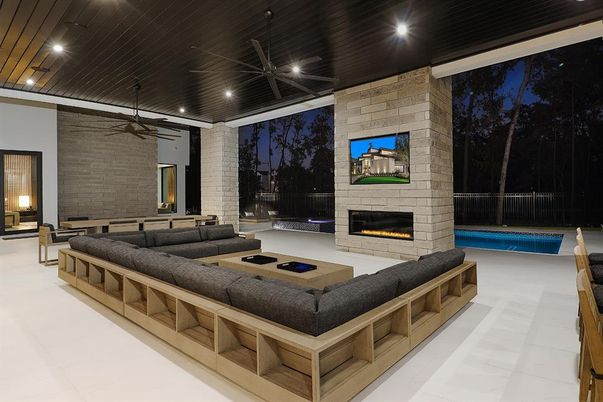 Fireplace, Interior, Living room, Recessed Lighting, Stone Walls