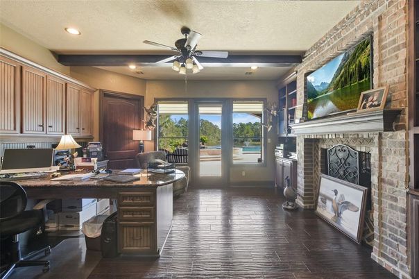 Fireplace, Home Office, Interior, Recessed Lighting, Stone Walls, Wood Texture Flooring