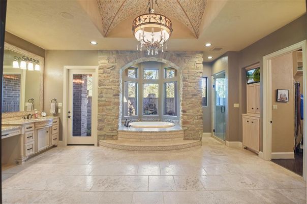 Bathroom, Dual Sink Vanities, Glass Shower, Interior, Pendant Lights, Recessed Lighting