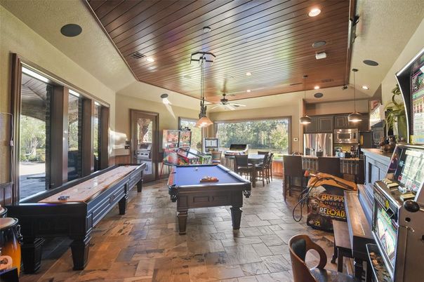 Billiard Table, Game Room, Interior, Pendant Lights, Recessed Lighting, Wooden Ceilings
