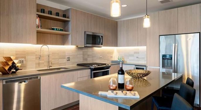 Interior, Kitchen, Pendant Lights, Recessed Lighting, Stainless Steel Appliances, Wood Texture Flooring