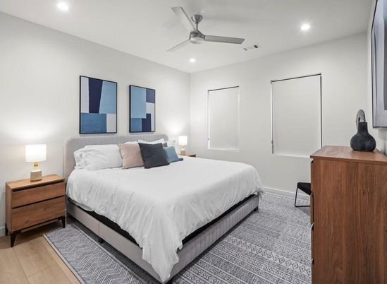 Bedroom, Interior, Recessed Lighting, Wood Texture Flooring