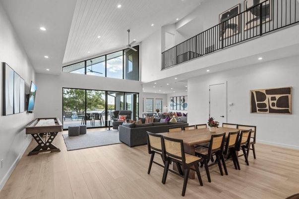 Dining room, Interior, Living room, Recessed Lighting, Wood Texture Flooring