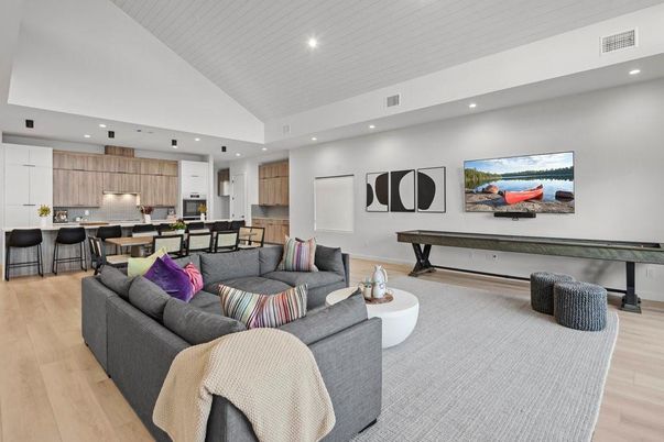 Interior, Kitchen, Living room, Recessed Lighting, Wood Texture Flooring