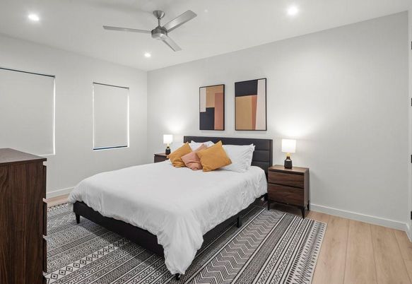 Bedroom, Interior, Recessed Lighting, Wood Texture Flooring
