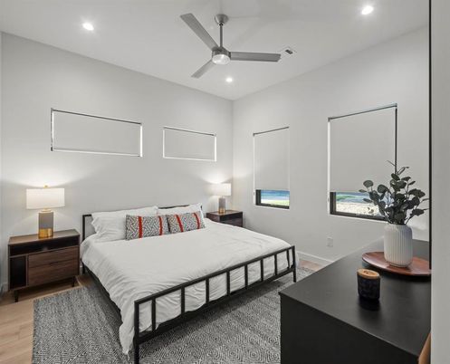 Bedroom, Interior, Recessed Lighting, Wood Texture Flooring
