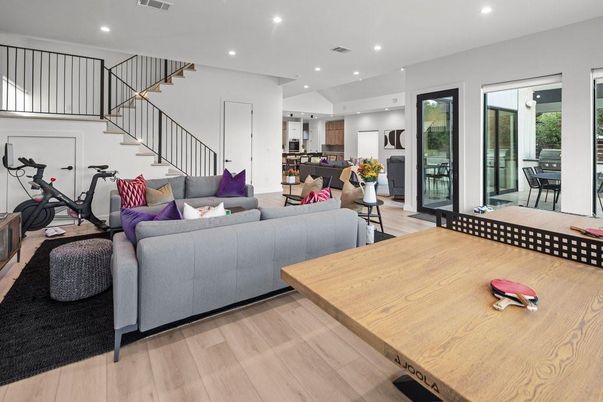Dining room, Fitness Equipment, Interior, Living room, Recessed Lighting, Wood Texture Flooring