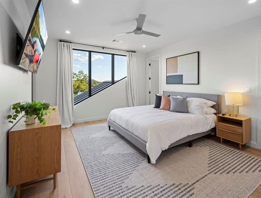 Bedroom, Interior, Recessed Lighting, Wood Texture Flooring