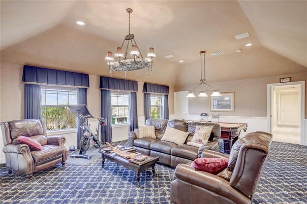 Billiard Table, Chandelier, Fitness Equipment, Game Room, Interior, Living room, Pendant Lights, Recessed Lighting