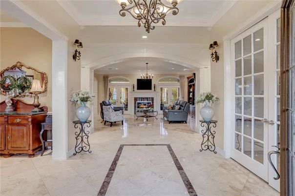 Chandelier, Fireplace, Interior, Living room, Recessed Lighting