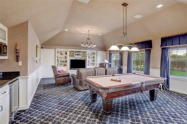 Billiard Table, Chandelier, Game Room, Interior, Living room, Pendant Lights, Recessed Lighting