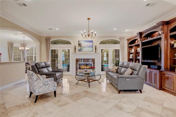Chandelier, Fireplace, Interior, Living room, Recessed Lighting
