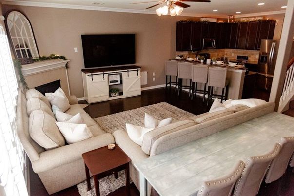 Dining room, Fireplace, Interior, Kitchen, Living room, Recessed Lighting, Wood Texture Flooring