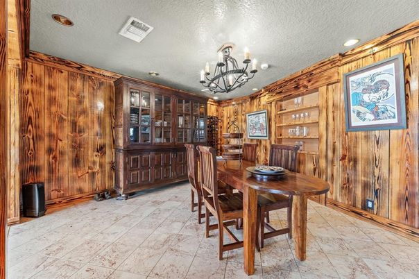 Chandelier, Dining room, Interior, Recessed Lighting, Wooden Walls