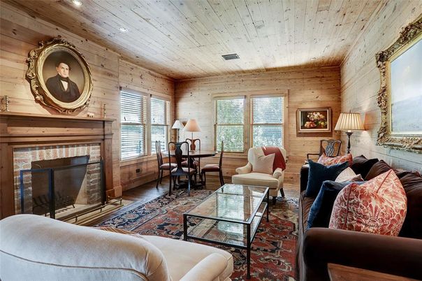 Dining room, Fireplace, Interior, Living room, Recessed Lighting, Wooden Ceilings, Wood Texture Flooring, Wooden Walls