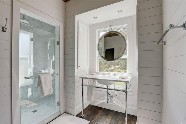 Bathroom, Glass Shower, Interior, Wood Texture Flooring