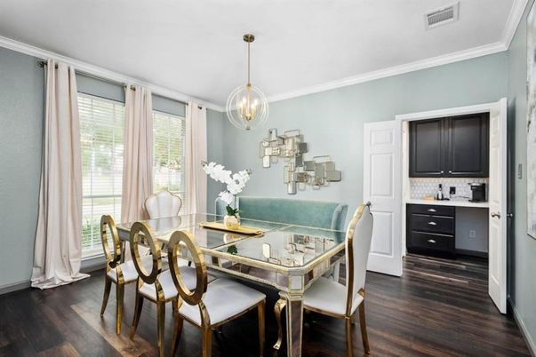 Dining room, Interior, Pendant Lights, Wood Texture Flooring