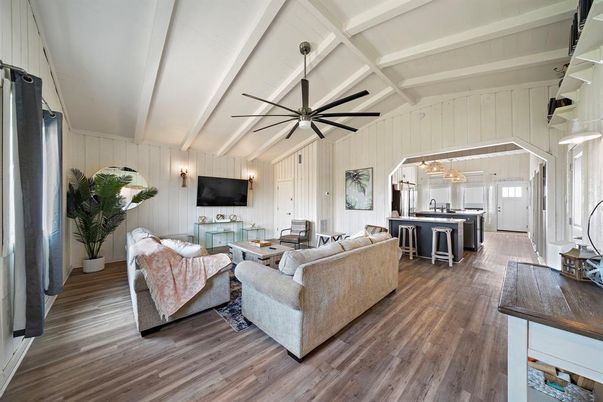 Interior, Kitchen, Living room, Pendant Lights, Wood Texture Flooring