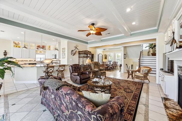 Fireplace, Interior, Kitchen, Living room, Pendant Lights, Recessed Lighting